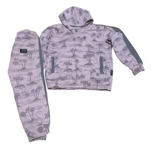 Volcom Youth Pink and Gray Fleece Hoodie Pant Set Tropical Beach Palm Tree SZ 4